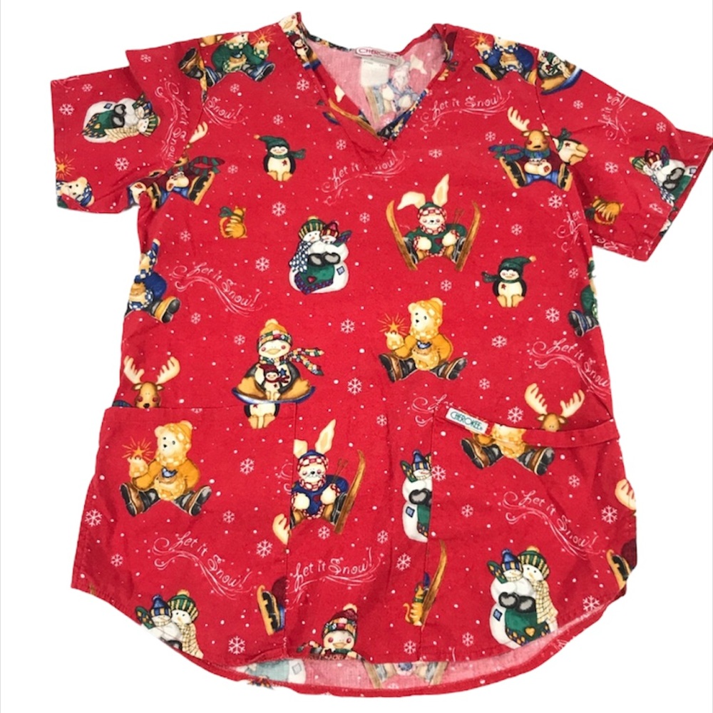 Cherokee Let it Snow Bear Scrubs Top, Red, X-Small